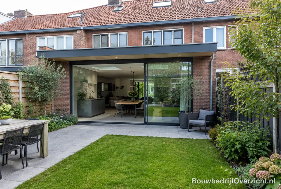 Moderne uitbouw met glazen pui aan een rijtjeshuis