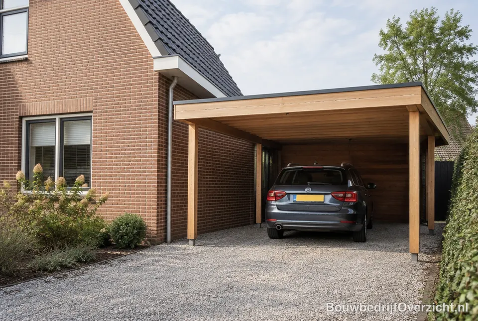 Houten carport naast een woning