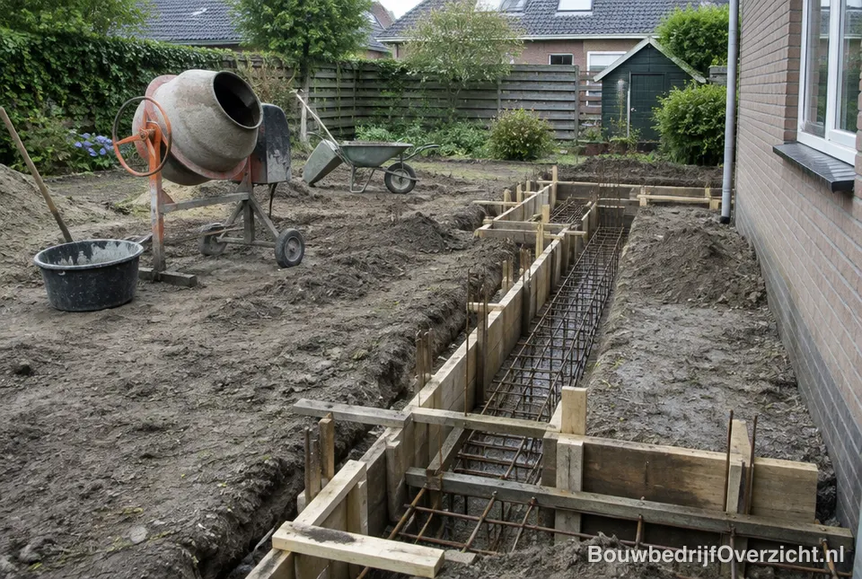 Fundering met wapening voor een aanbouw