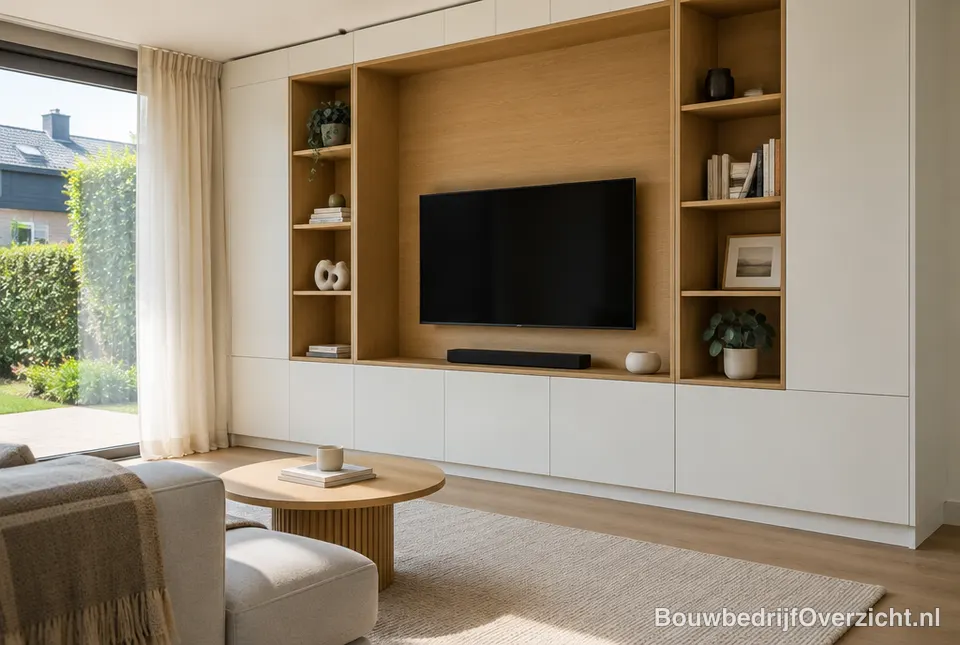 Maatwerk kastenwand in een woonkamer