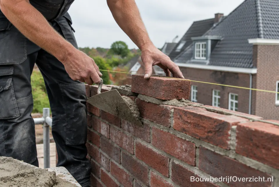 Metselaar metselt een muur van rode baksteen