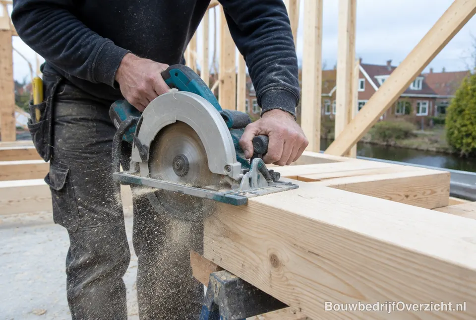 Timmerman zaagt een balk op de bouwplaats